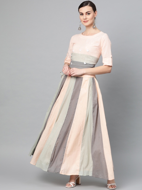 

Ishin Women Peach-Coloured & Grey Colourblocked Top with Skirt