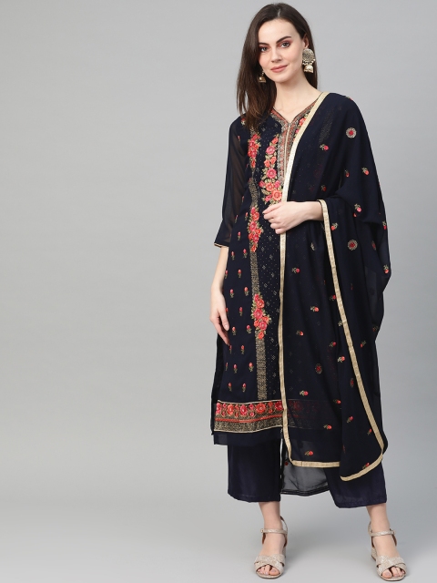 

Ishin Women Navy Blue & Golden Embroidered Kurta with Palazzos & Dupatta
