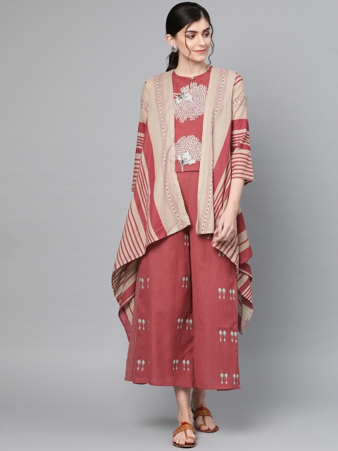 

Ishin Women Pink & Grey Printed Top with Palazzos
