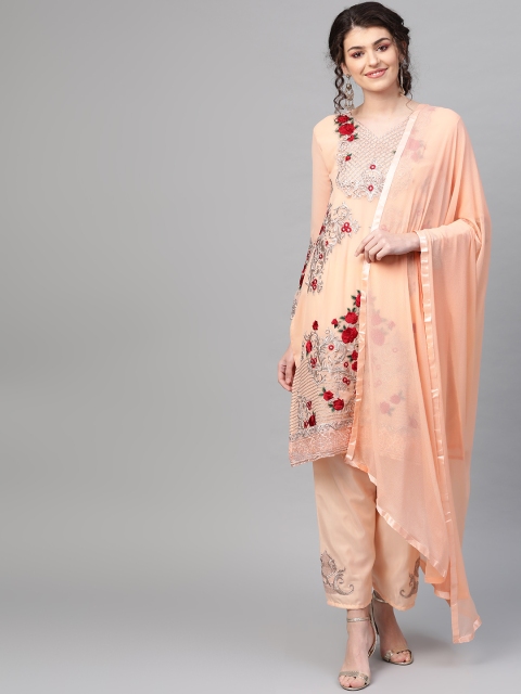 

Ishin Women Peach-Coloured & Red Embroidered Kurta with Palazzos & Dupatta