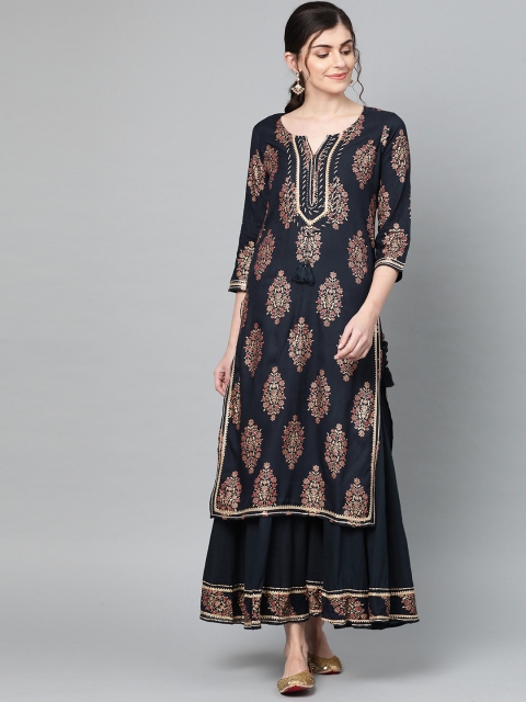 

Ishin Women Navy Blue & Golden Foil Printed Kurta with Palazzos