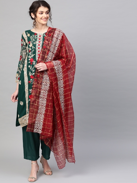 

Ishin Women Green & Golden Embroidered Kurta with Palazzos & Dupatta