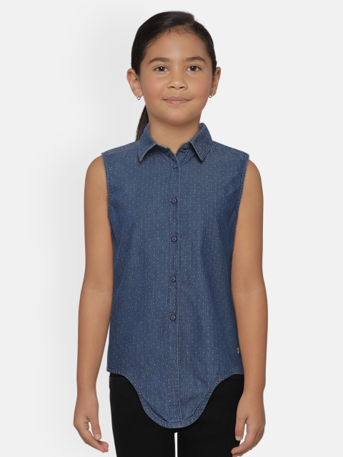 

Allen Solly Junior Girls Navy Blue Printed Shirt Style Pure Cotton Top