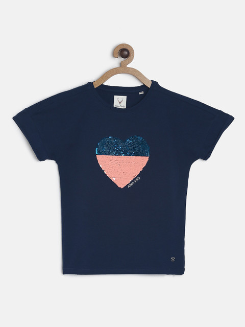 

Allen Solly Junior Girls Navy Blue Flip Sequins Round Neck T-shirt