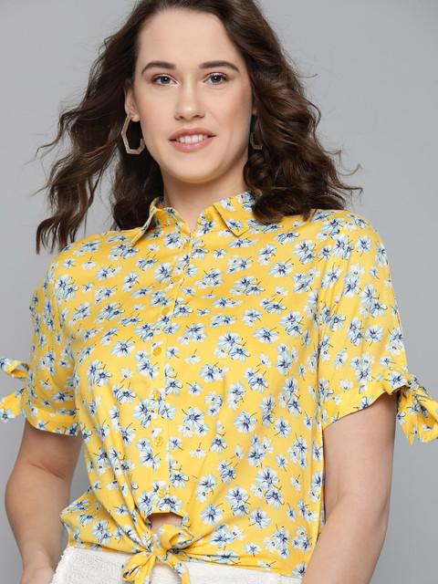 

Mast & Harbour Women Yellow & Blue Regular Fit Printed Casual Sustainable Shirt