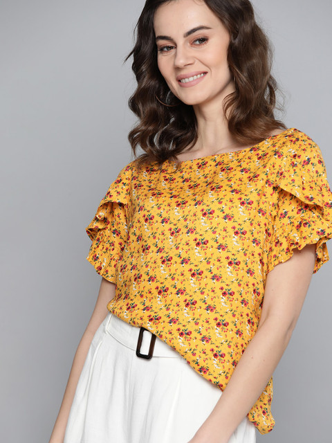

Mast & Harbour Women Mustard Yellow Floral Printed Top