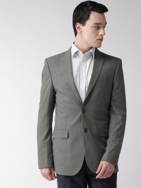

Marks & Spencer Men Grey Self-Striped Skinny Fit Single-Breasted Formal Blazer
