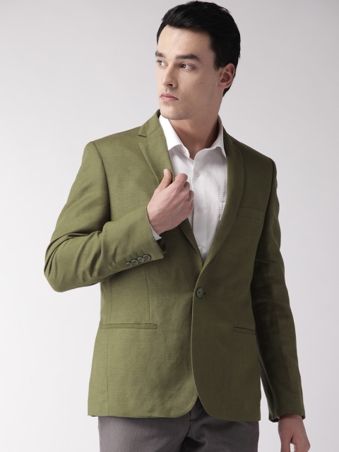

Marks & Spencer Men Olive Green Self-Design Super Slim Fit Single-Breasted Formal Blazer