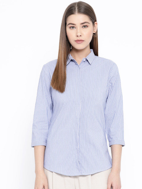 

Hancock Women Blue & White Slim Fit Striped Formal Shirt