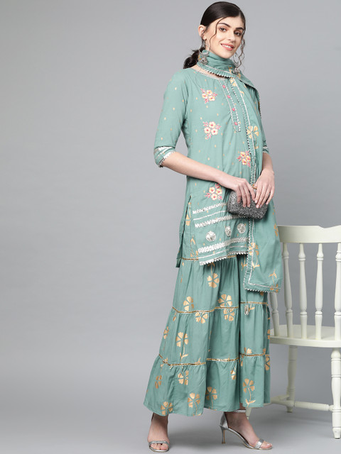 

Ishin Women Green & Golden Embroidered Kurti with Sharara & Dupatta