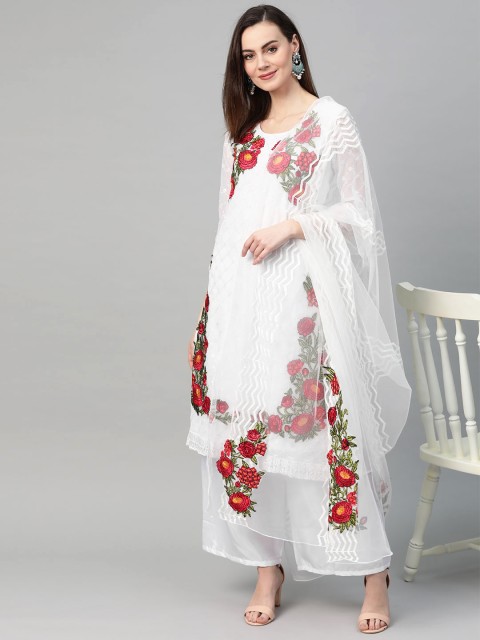 

Ishin Women White & Red Embroidered Kurta with Palazzos & Dupatta