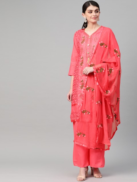 

Ishin Women Pink Embroidered Kurta with Palazzos & Dupatta