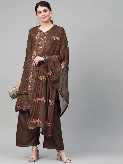 

Ishin Women Brown & Pink Embroidered Kurta with Palazzos & Dupatta