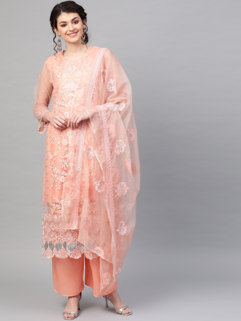 

Ishin Women Peach-Coloured & Silver Embroidered Kurta with Palazzos & Dupatta