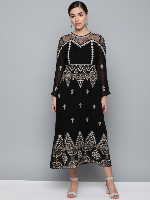 

Label Ritu Kumar Women Black & Off-White Embroidered Semi-Sheer A-Line Dress