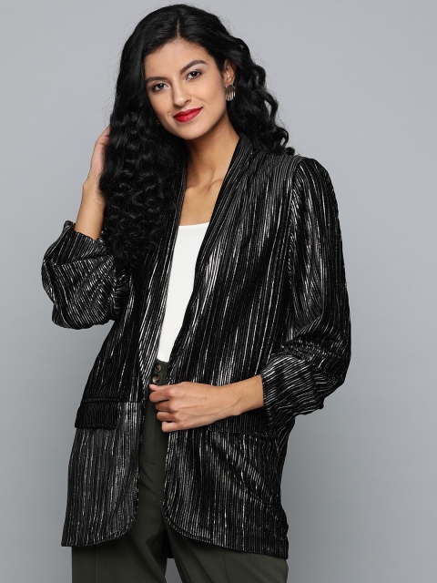 

Label Ritu Kumar Women Black & Silver Self-Striped Open Front Jacket