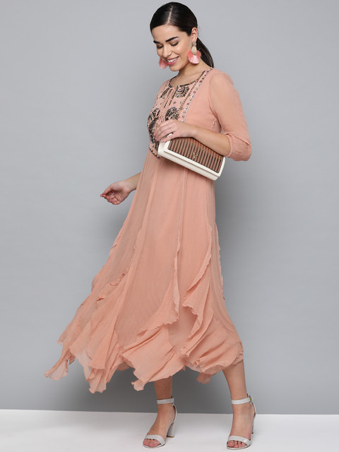 

Label Ritu Kumar Women Peach-Coloured Solid Maxi Dress
