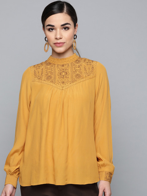 

Label Ritu Kumar Women Mustard Yellow Solid Top