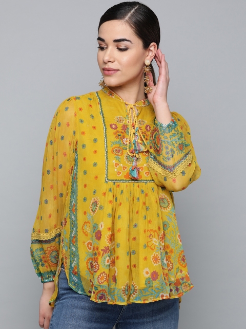 

Label Ritu Kumar Women Mustard Yellow & Green Printed A-Line Top