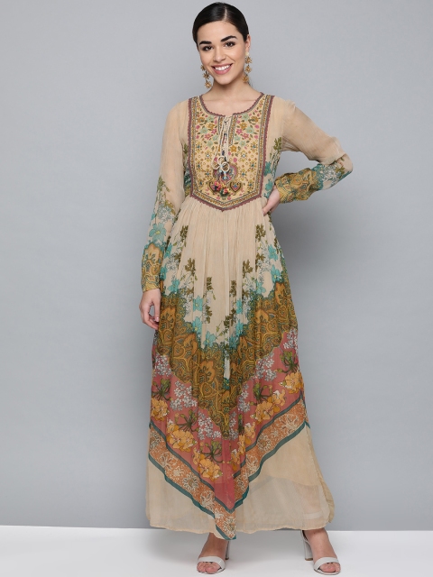 

Label Ritu Kumar Women Beige & Green Printed Maxi Dress