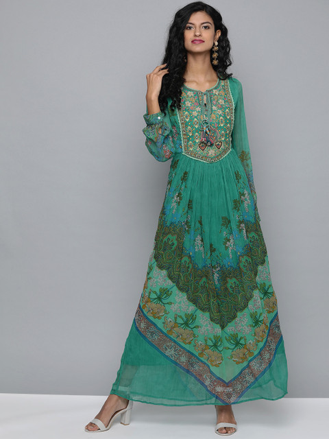 

Label Ritu Kumar Women Green & Beige Printed Maxi Dress