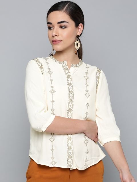 

Label Ritu Kumar Women Cream-Coloured Embroidered Shirt Style Top