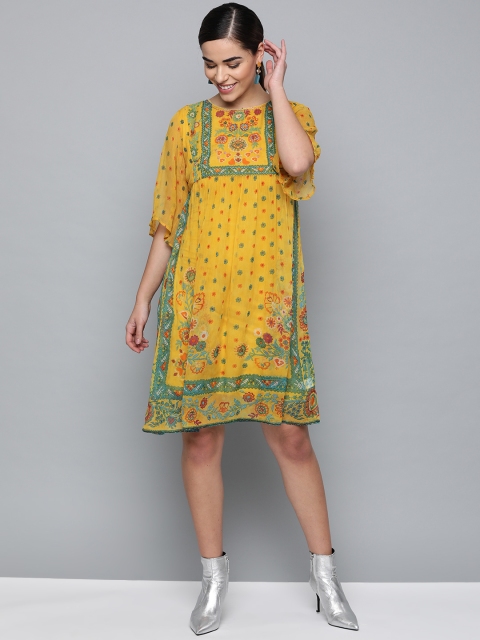 

Label Ritu Kumar Women Mustard Yellow & Green Floral Printed Empire Dress