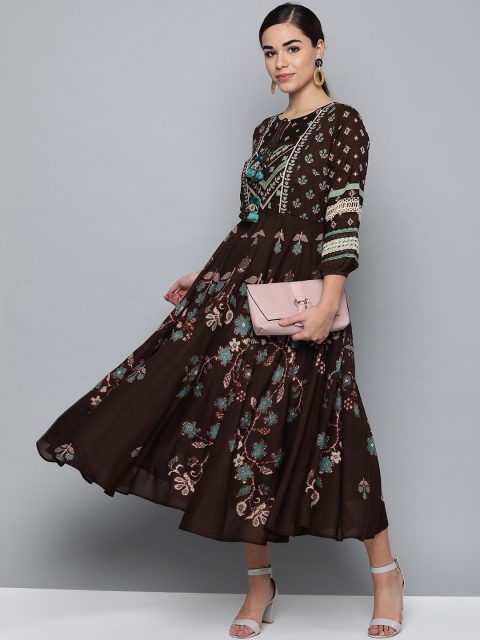 

Label Ritu Kumar Women Coffee Brown & Blue Floral Printed A-Line Dress