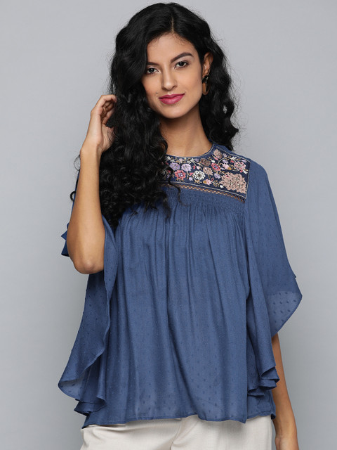

Label Ritu Kumar Women Blue Self-Design A-Line Top