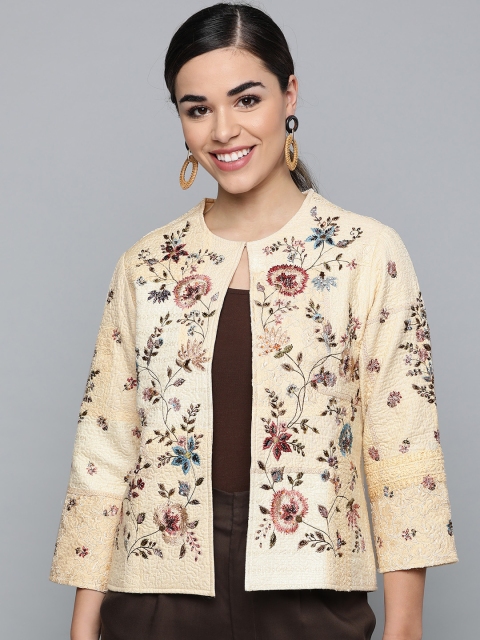 

Label Ritu Kumar Women Cream-Coloured & Maroon Embroidered Open Front Jacket
