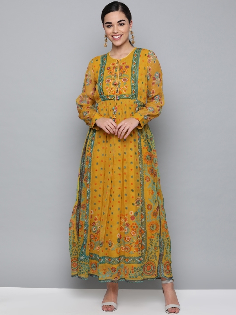 

Label Ritu Kumar Women Mustard Yellow & Green Printed Maxi Dress