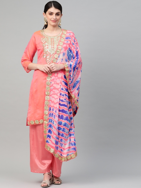 

Ishin Peach-Coloured & Golden Embroidered Unstitched Dress Material