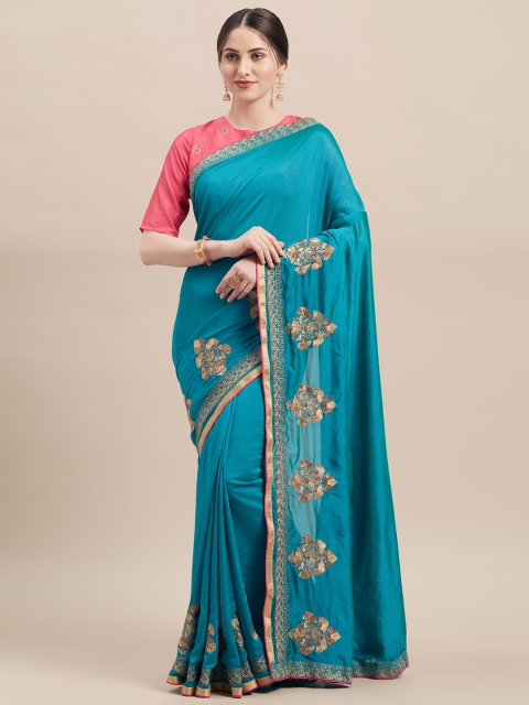 

Shaily Teal Blue & Golden Silk Blend Embroidered Saree