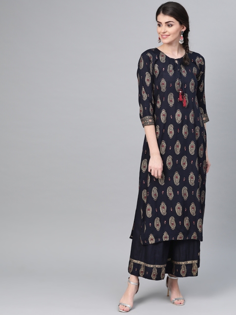 

Ishin Women Navy Blue & Golden Foil Print Kurta with Palazzos