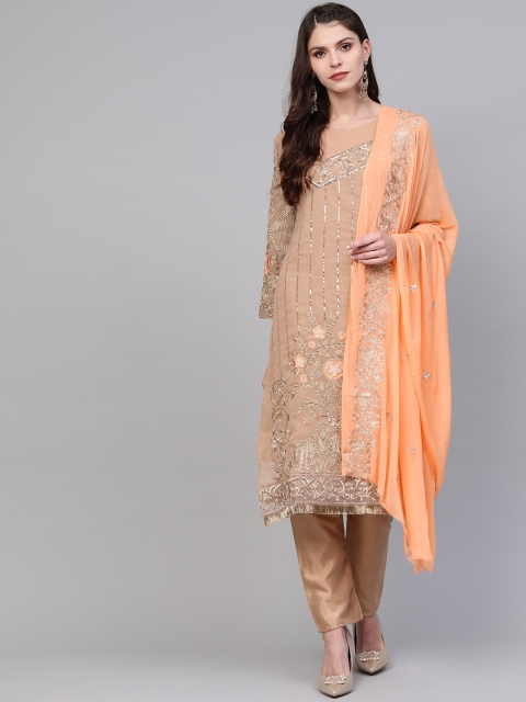 

Ishin Women Beige & Golden Embellished Kurta with Trousers & Dupatta
