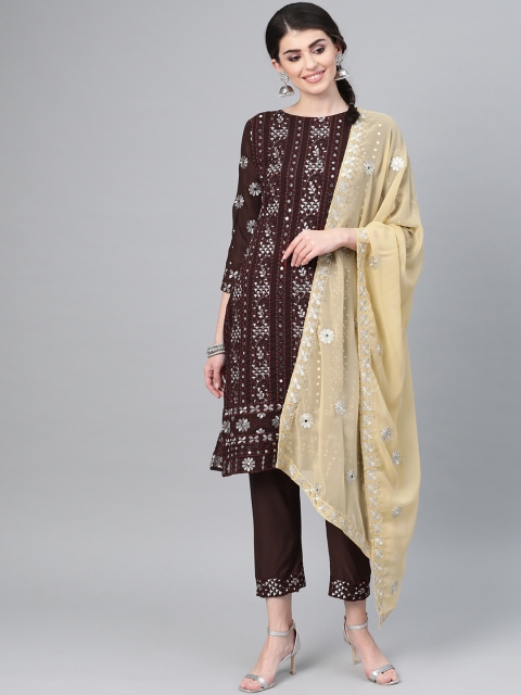 

Ishin Women Brown & Silver Embroidered Kurta with Trousers & Dupatta