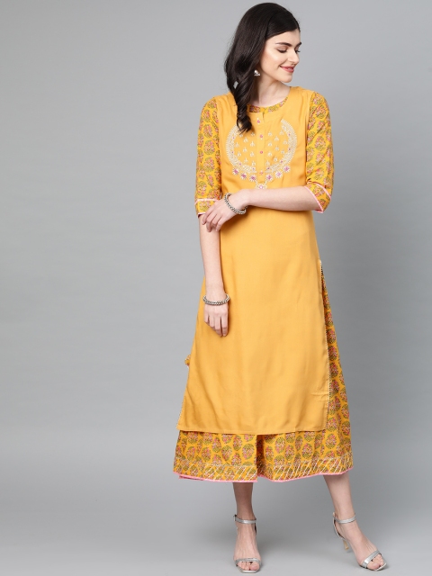 

Ishin Women Mustard Yellow & Pink Floral Printed Maxi Dress with Layer