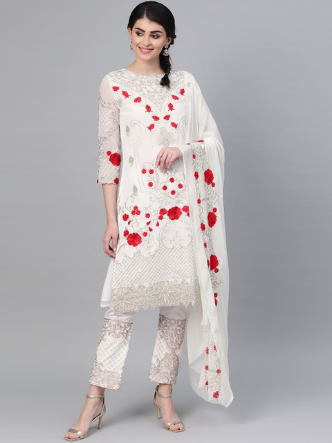

Ishin Women White & Red Embroidered Kurta with Trousers & Dupatta