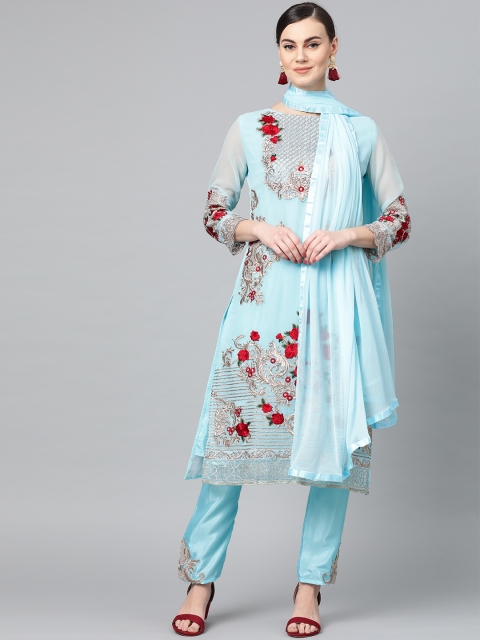 

Ishin Women Blue & Golden Embroidered Kurta with Trousers & Dupatta