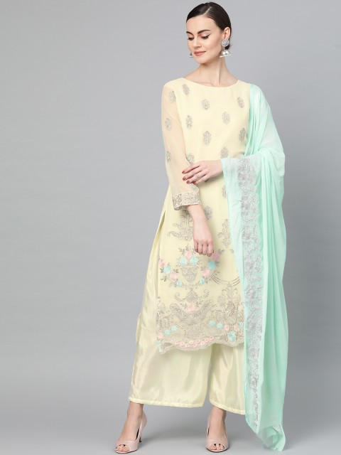

Ishin Women Cream-Coloured & Silver Embroidered Kurta with Palazzos & Dupatta