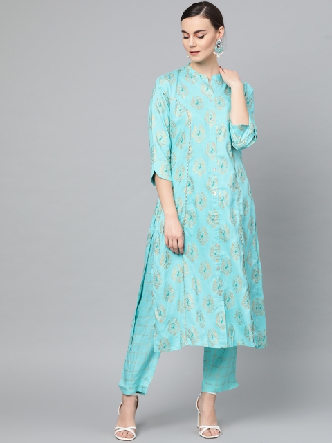 

Ishin Women Blue & Golden Foil Print Kurta with Trousers