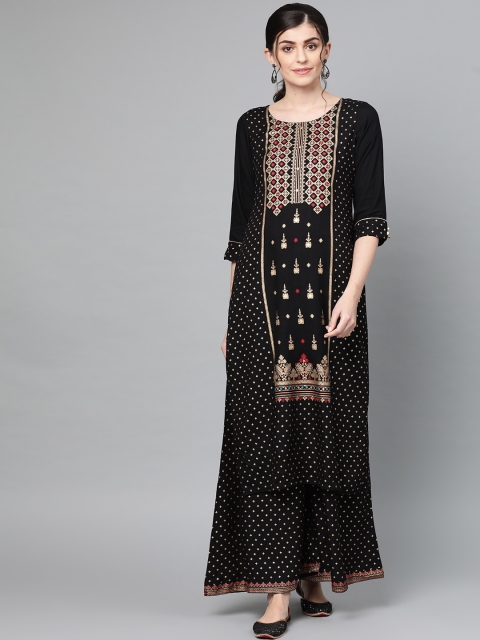 

Ishin Women Black & Golden Foil Print Kurta with Palazzos