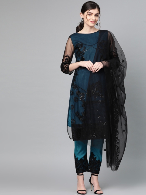 

Ishin Women Teal Blue & Black Embroidered Kurta with Trousers & Dupatta