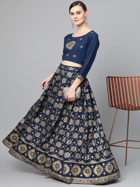 

Ishin Women Navy Blue & Golden Foil Printed Top with Skirt