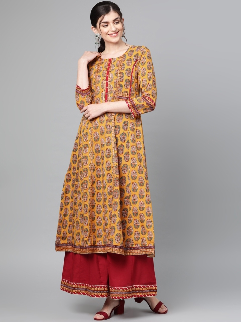 

Ishin Women Mustard Yellow & Maroon Block Print Kurta with Palazzos