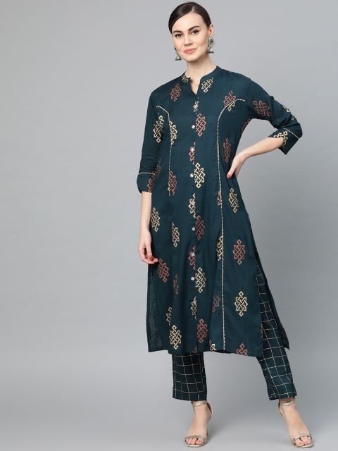 

Ishin Women Green & Golden Foil Printed Kurta with Trousers