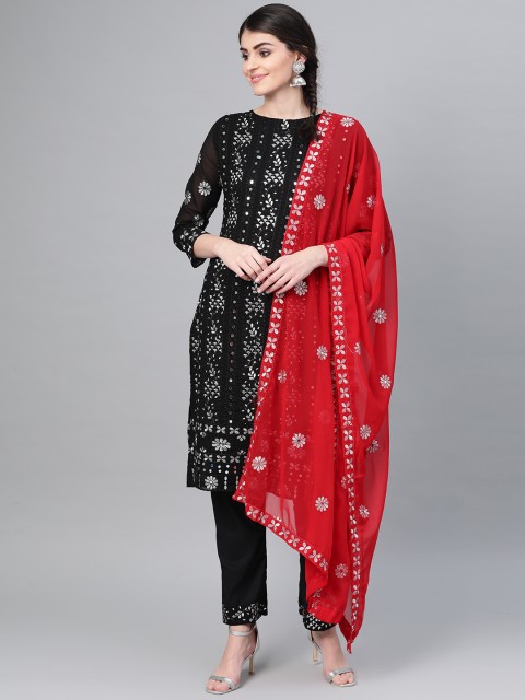 

Ishin Women Black & Silver Embroidered Kurta with Trousers & Dupatta