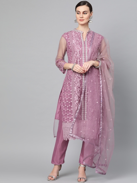 

Ishin Women Purple & Silver Embroidered Kurta with Trousers & Dupatta