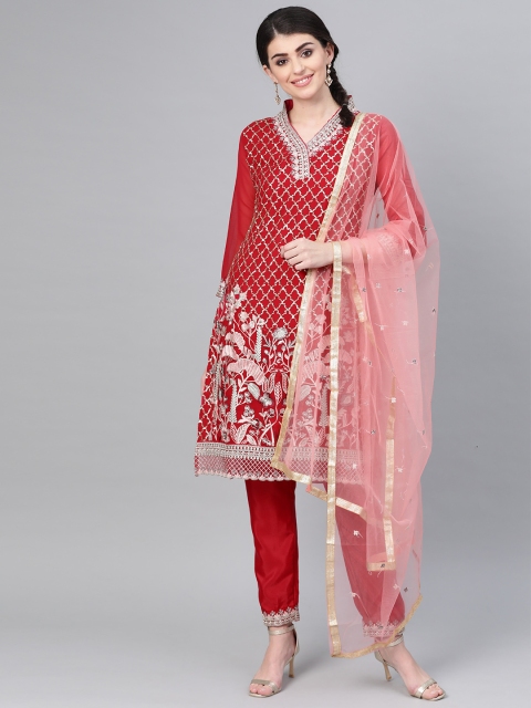 

Ishin Women Red & Golden Embroidered Kurta with Trousers & Dupatta