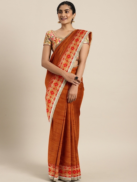 

Triveni Orange Solid Silk Blend Saree